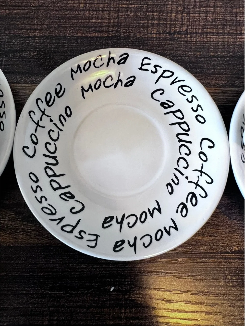 Lot of 3 white espresso cups saucers black cursive text coffee cappuccino mocha